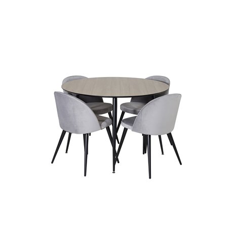 Silar Dining Table - Round 100 cm - "Wood Look"  Melamine / Black Legs, Velvet Dining Chair - Light Grey / Black_4