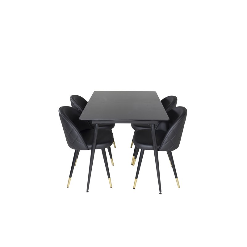 Silar Extention Table  - Black Melamine / Black Legs, Velvet Dining Chair w, Stiches - PU - Black / Black_4