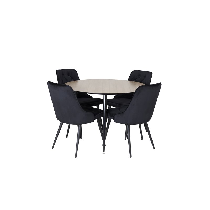 Silar Dining Table - Round 100 cm - "Wood Look"  Melamine / Black Legs, Velvet Deluxe Dining Chair - Black / Black_4