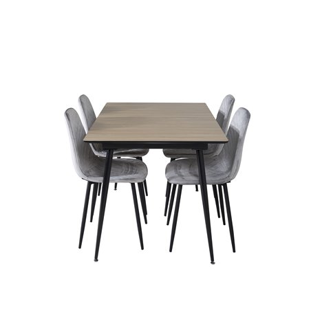 Silar Extention Table  - "Wood Look"  Melamine / Black Legs, Polar Diamond Dining Chair - Black Legs - Grey Velvet_4