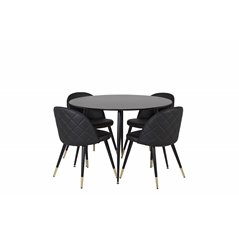 Silar Dining Table - Round 100  cm - Black Melamine / Black Legs, Velvet Dining Chair w, Stiches - PU - Black / Black_4