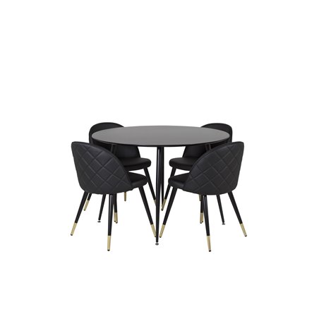 Silar Dining Table - Round 100  cm - Black Melamine / Black Legs, Velvet Dining Chair w, Stiches - PU - Black / Black_4