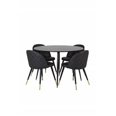 Silar Dining Table - Round 100  cm - Black Melamine / Black Legs, Velvet Dining Chair w, Stiches - PU - Black / Black_4