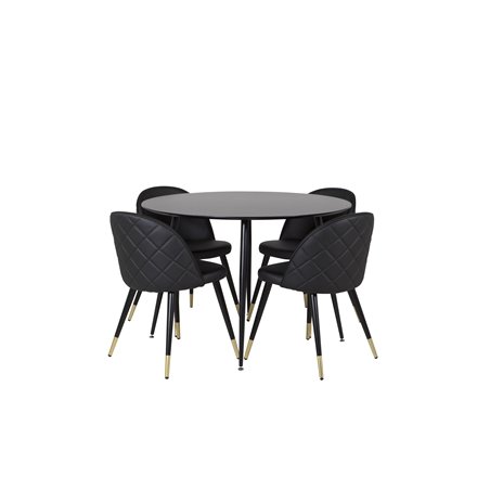 Silar Dining Table - Round 100  cm - Black Melamine / Black Legs, Velvet Dining Chair w, Stiches - PU - Black / Black_4