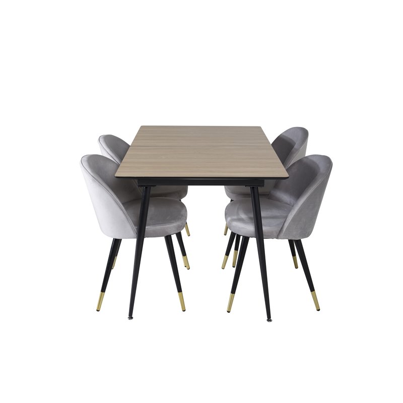 Silar Extention Table  - "Wood Look"  Melamine / Black Legs, Velvet Dining Chair Brass - Light Grey / Black_4