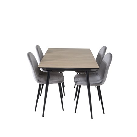 Silar Extention Table  - "Wood Look"  Melamine / Black Legs, Polar Dining Chair - Black legs / Light Grey Velvet (ersätter 19902