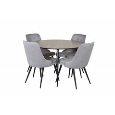 Silar Dining Table - Round 100 cm - "Wood Look"  Melamine / Black Legs, Velvet Deluxe Dining Chair - Light Grey / Black_4