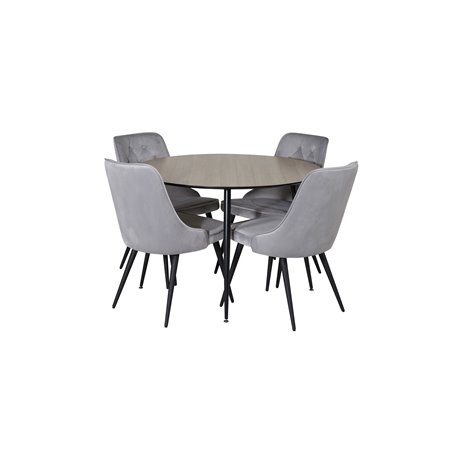 Silar Dining Table - Round 100 cm - "Wood Look"  Melamine / Black Legs, Velvet Deluxe Dining Chair - Light Grey / Black_4