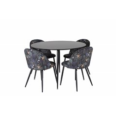 Silar Dining Table - Round 100  cm - Black Melamine / Black Legs, Velvet Dining Chair -  Black Flower fabric_4