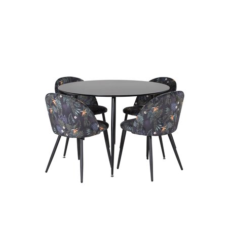 Silar Dining Table - Round 100  cm - Black Melamine / Black Legs, Velvet Dining Chair -  Black Flower fabric_4