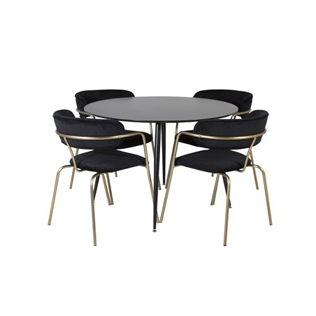 Silar Dining Table - Round 100  cm - Black Melamine / Black Legs, Arrow armchair - Brass Legs - Black Velvet_4