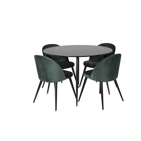 Silar Dining Table - Round 100  cm - Black Melamine / Black Legs, Velvet Dining Chair - Green / Black_4