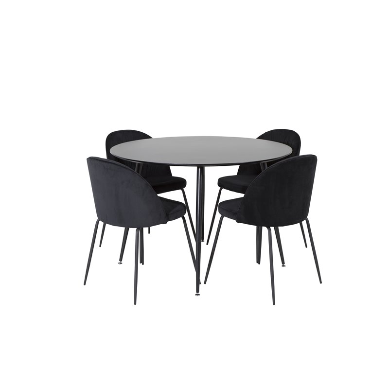 Silar Dining Table - Round 100  cm - Black Melamine / Black Legs, Wrinkles Dining Chair - Black Legs - Black  Velvet_4