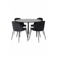 Silar Dining Table - Round 100  cm - Black Melamine / Black Legs, Wrinkles Dining Chair - Black Legs - Black  Velvet_4