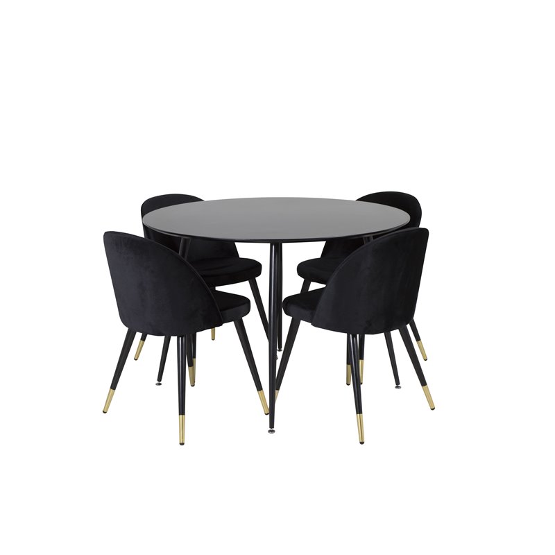 Silar Dining Table - Round 100  cm - Black Melamine / Black Legs, Velvet Dining Chair Brass - Black / Black_4