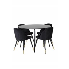 Silar Dining Table - Round 100  cm - Black Melamine / Black Legs, Velvet Dining Chair Brass - Black / Black_4