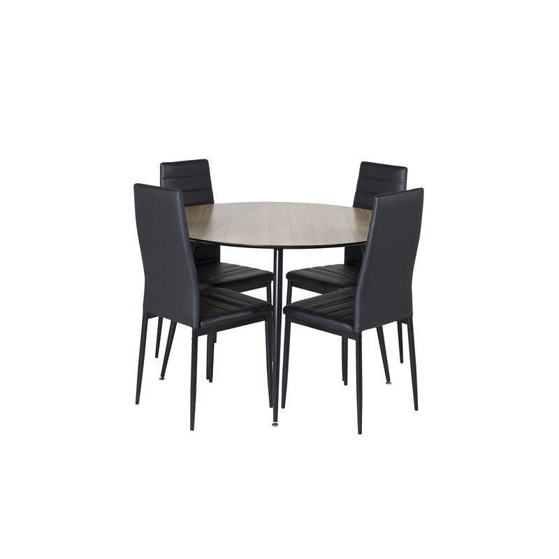 Silar Dining Table - Round 100 cm - "Wood Look" Melamine / Black Legs, Slim High Back Dining Chair - Black Legs - Black PU_4