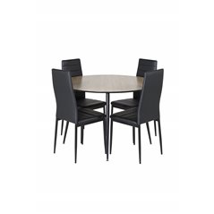 Silar Dining Table - Round 100 cm - "Wood Look" Melamine / Black Legs, Slim High Back Dining Chair - Black Legs - Black PU_4