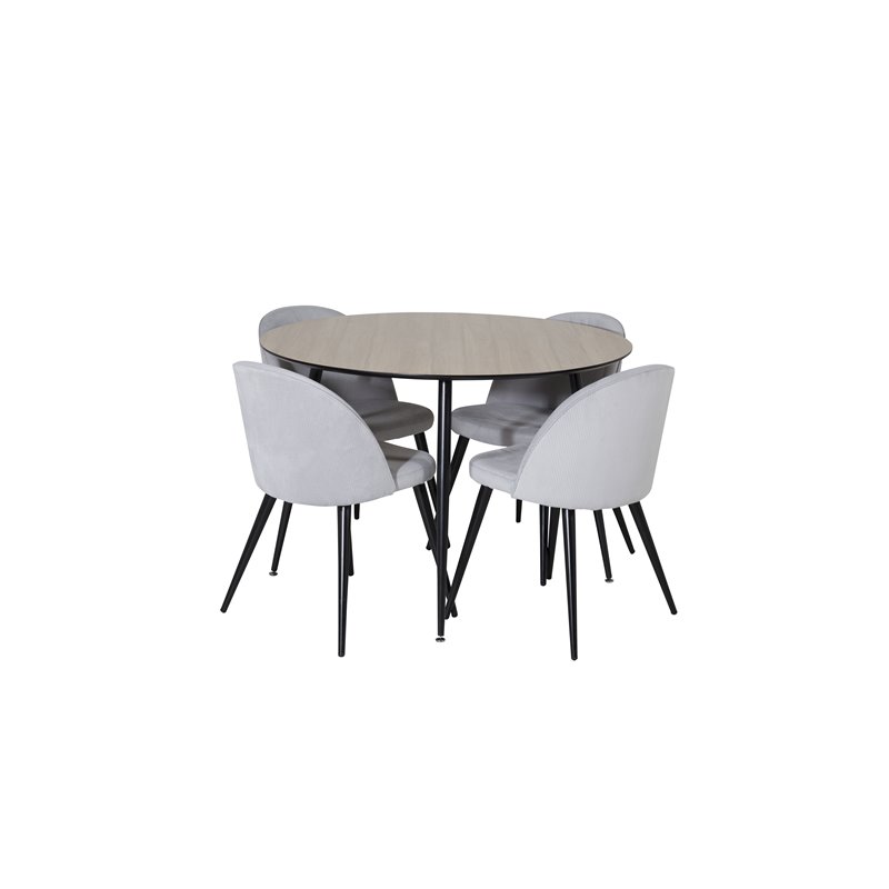 Silar Dining Table - Round 100 cm - "Wood Look"  Melamine / Black Legs, Velvet Dining Chair Corduroy - Light Grey / Black_4