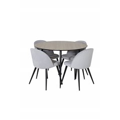 Silar Dining Table - Round 100 cm - "Wood Look"  Melamine / Black Legs, Velvet Dining Chair Corduroy - Light Grey / Black_4