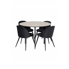 Silar Dining Table - Round 100 cm - "Wood Look"  Melamine / Black Legs, Velvet Dining Chair - Black / Black_4