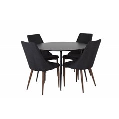 Silar Dining Table - Round 100  cm - Black Melamine / Black Legs, Leone Dining Chair - Walnut legs - Black Fabric_4