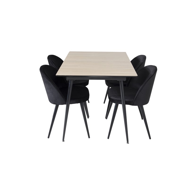 Silar Extention Table  - "Wood Look"  Melamine / Black Legs, Velvet Dining Chair - Black / Black_4