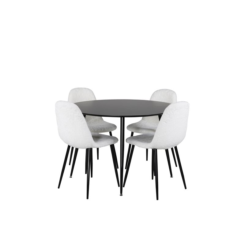 Silar Dining Table - Round 100  cm - Black Melamine / Black Legs, Polar Fluff Dining Chair - Black Legs  - White Teddy _4