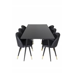 Silar Dining Table - 180 cm - Black Melamine / Black Legs, Velvet Dining Chair w, Stiches - PU - Black / Black_6