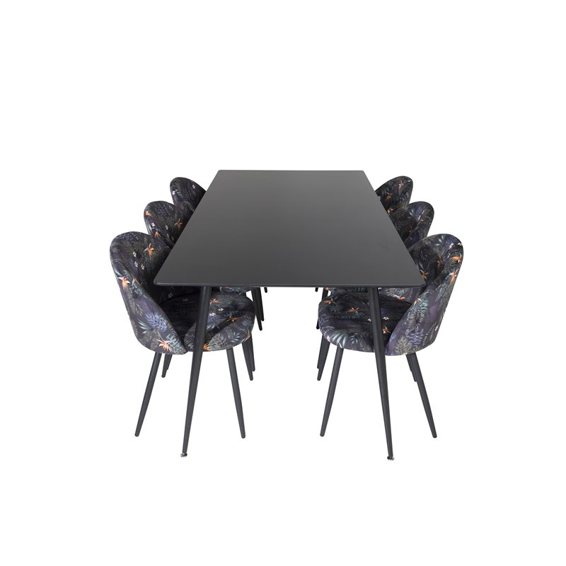 Silar Dining Table - 180 cm - Black Melamine / Black Legs, Velvet Dining Chair -  Black Flower fabric_6