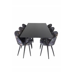 Silar Dining Table - 180 cm - Black Melamine / Black Legs, Velvet Dining Chair -  Black Flower fabric_6