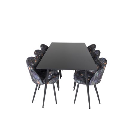 Silar Dining Table - 180 cm - Black Melamine / Black Legs, Velvet Dining Chair -  Black Flower fabric_6