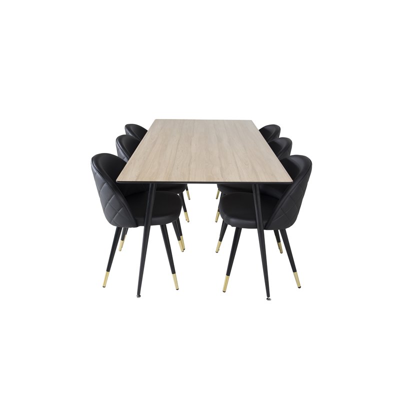 Silar Dining Table - 180 cm - "Wood Look"  Melamine / Black Legs, Velvet Dining Chair w, Stiches - PU - Black / Black_6