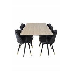 Silar Dining Table - 180 cm - "Wood Look"  Melamine / Black Legs, Velvet Dining Chair w, Stiches - PU - Black / Black_6