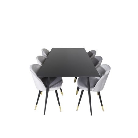 Silar Dining Table - 180 cm - Black Melamine / Black Legs, Velvet Dining Chair Brass - Light Grey / Black_6