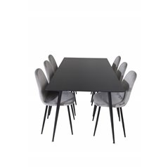 Silar Dining Table - 180 cm - Black Melamine / Black Legs, Polar Dining Chair - Black legs / Light Grey Velvet (ersätter 19902-8