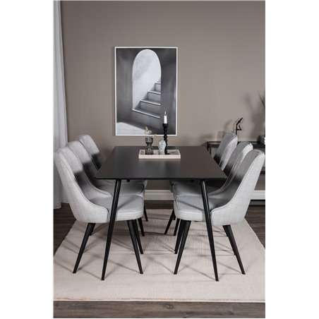 Silar Dining Table - 180 cm - Black Melamine / Black Legs, Velvet Deluxe Dining Chair - Black Legs - Light Grey Fabric_6