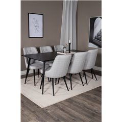 Silar Dining Table - 180 cm - Black Melamine / Black Legs, Velvet Deluxe Dining Chair - Black Legs - Light Grey Fabric_6