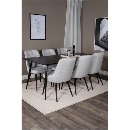 Silar Dining Table - 180 cm - Black Melamine / Black Legs, Velvet Deluxe Dining Chair - Black Legs - Light Grey Fabric_6