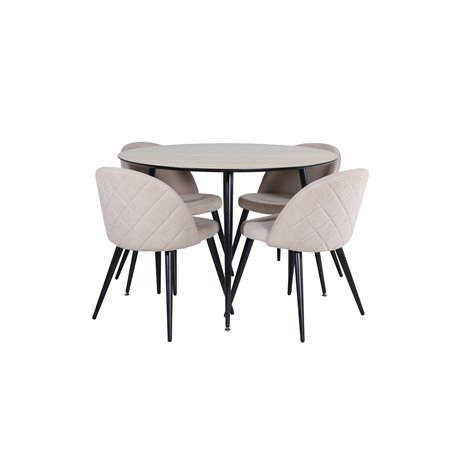 Silar Dining Table - Round 100 cm - "Wood Look" Melamine / Black Legs+Velvet Stitches Chair - Black / Beige Fabric (Polyester li