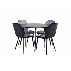 Silar Dining Table - Round 100 cm - Black Melamine / Black Legs+Emma Chair - Black / Black and Light Grey Black Velvet in Back G