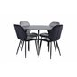 Silar Dining Table - Round 100 cm - Black Melamine / Black Legs+Emma Chair - Black / Black and Light Grey Black Velvet in Back G