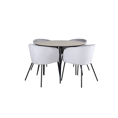 Silar Dining Table - Round 100 cm - "Wood Look" Melamine / Black Legs+Berit Chair - Black / Light Grey Velvet_4