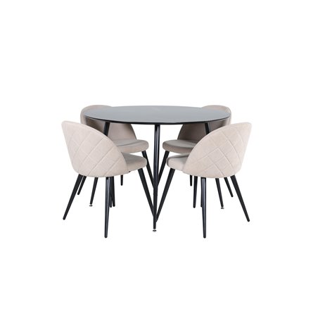 Silar Dining Table - Round 100 cm - Black Melamine / Black Legs+Velvet Stitches Chair - Black / Beige Fabric (Polyester linen )_