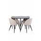 Silar Dining Table - Round 100 cm - Black Melamine / Black Legs+Velvet Stitches Chair - Black / Beige Fabric (Polyester linen )_