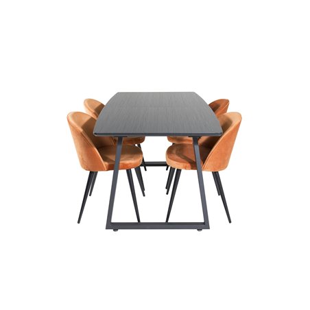 Inca Extentiontable - Black top / black Legs, Velvet Dining Chair - Orange / Black_4