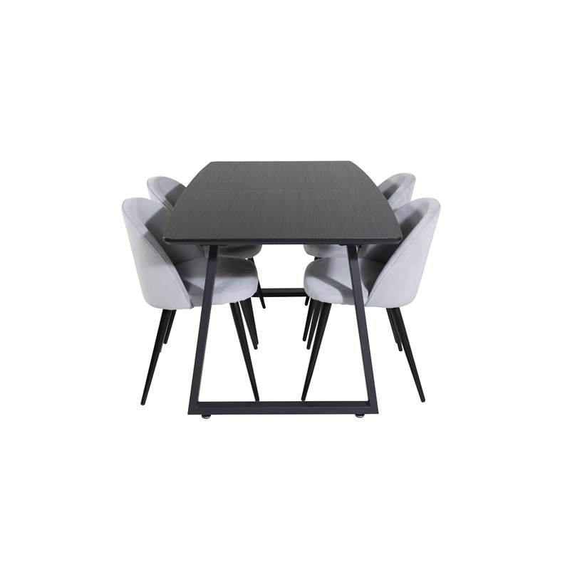 Inca Extentiontable - Black top / black Legs, Velvet Dining Chair Corduroy - Light Grey / Black_4