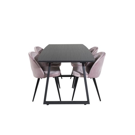 Inca Extentiontable - Musta toppi / mustat jalat, Velvet ruokatuoli - Pink / musta_4