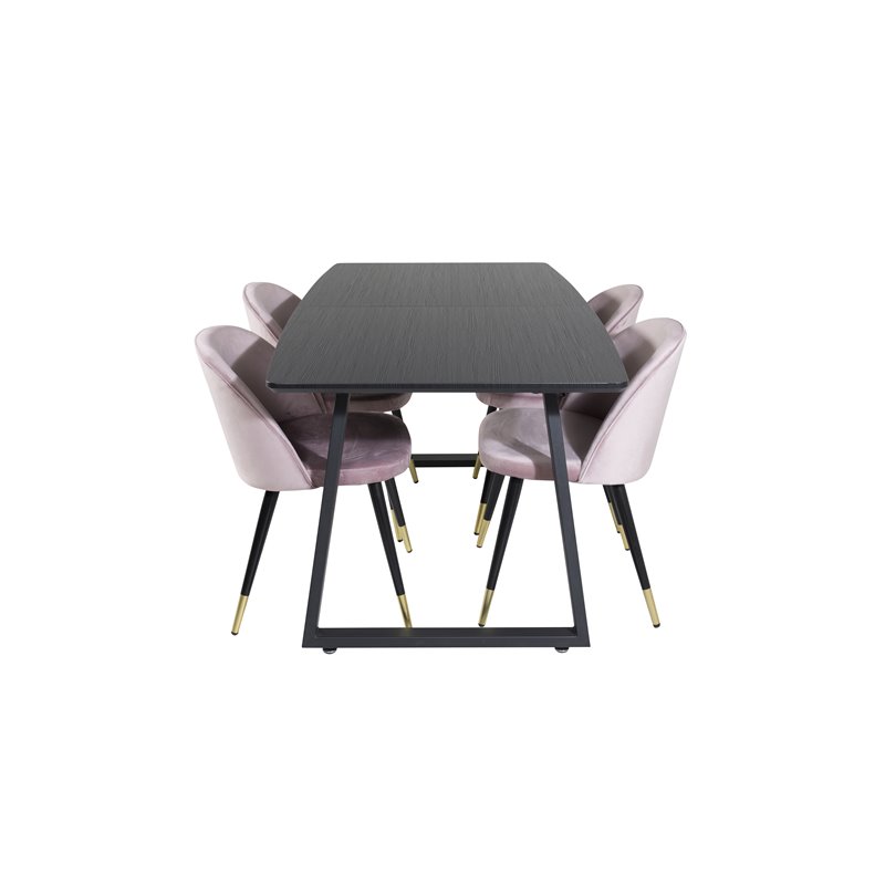 Inca Extentiontable - Black top / black Legs, Velvet Dining Chair Brass - Pink / Black_4