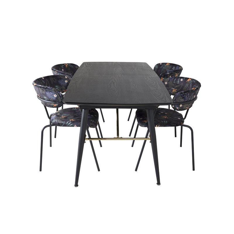 Gold Extention table - 180/220*85*H76 Black Veneer - Black legs - Brass details, Arrow armchair - Black Legs - Black Flower prin